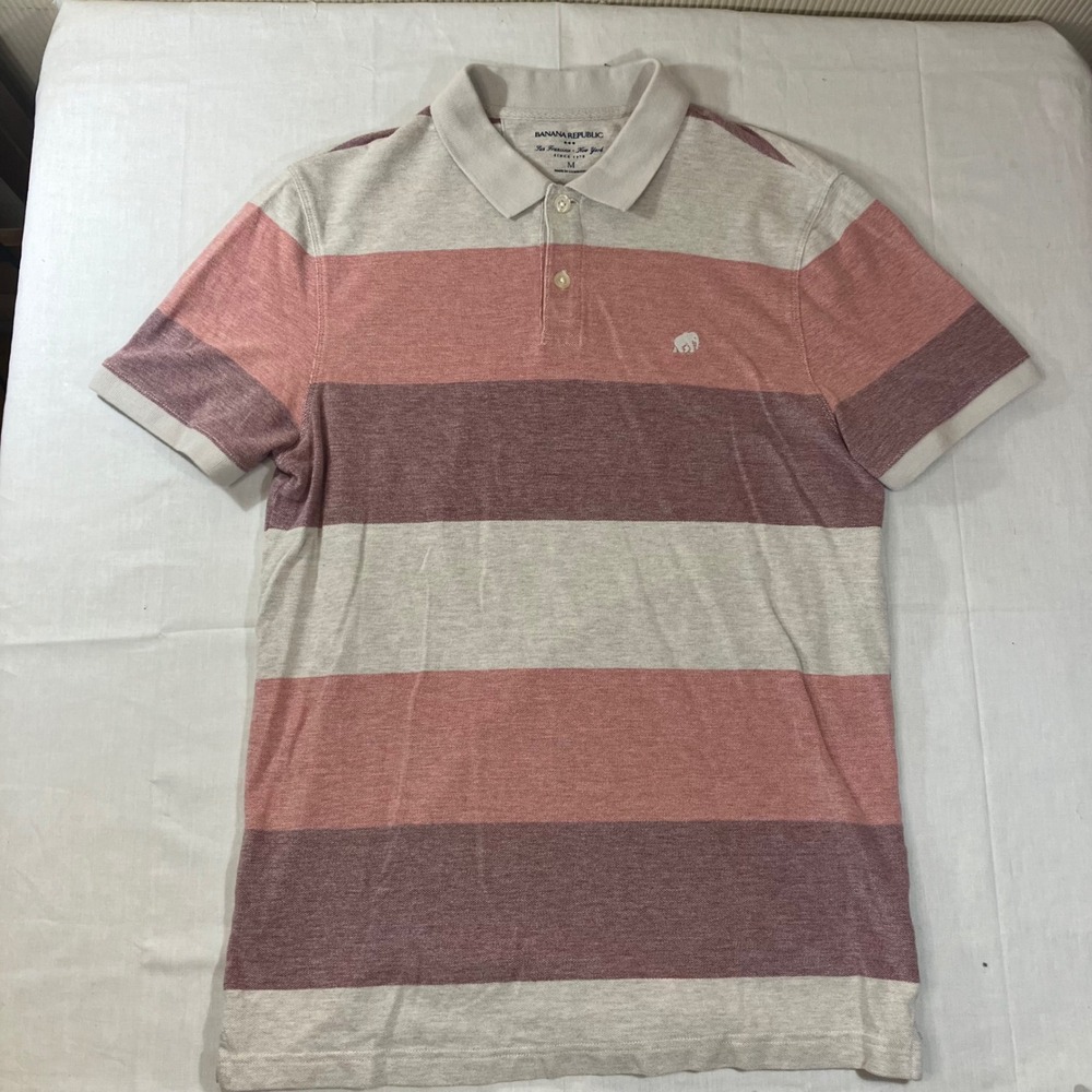 Banana Republic Mens Medium Pink Striped Cotton Polo Shirt Elephant Logo M